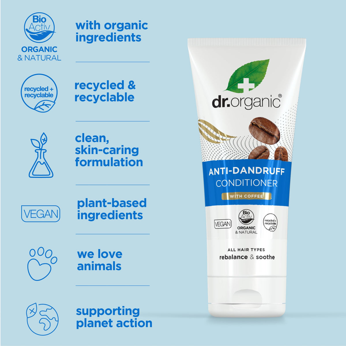 Dr. Organic Dr Organic Coffee Anti-Dandruff Conditioner, Healthy Scalp, Mens, Womens, Natural, Vegan, Cruelty-Free, Paraben & SLS-Free, Recycled & Recyclable, Organic, 200ml, Packaging may vary