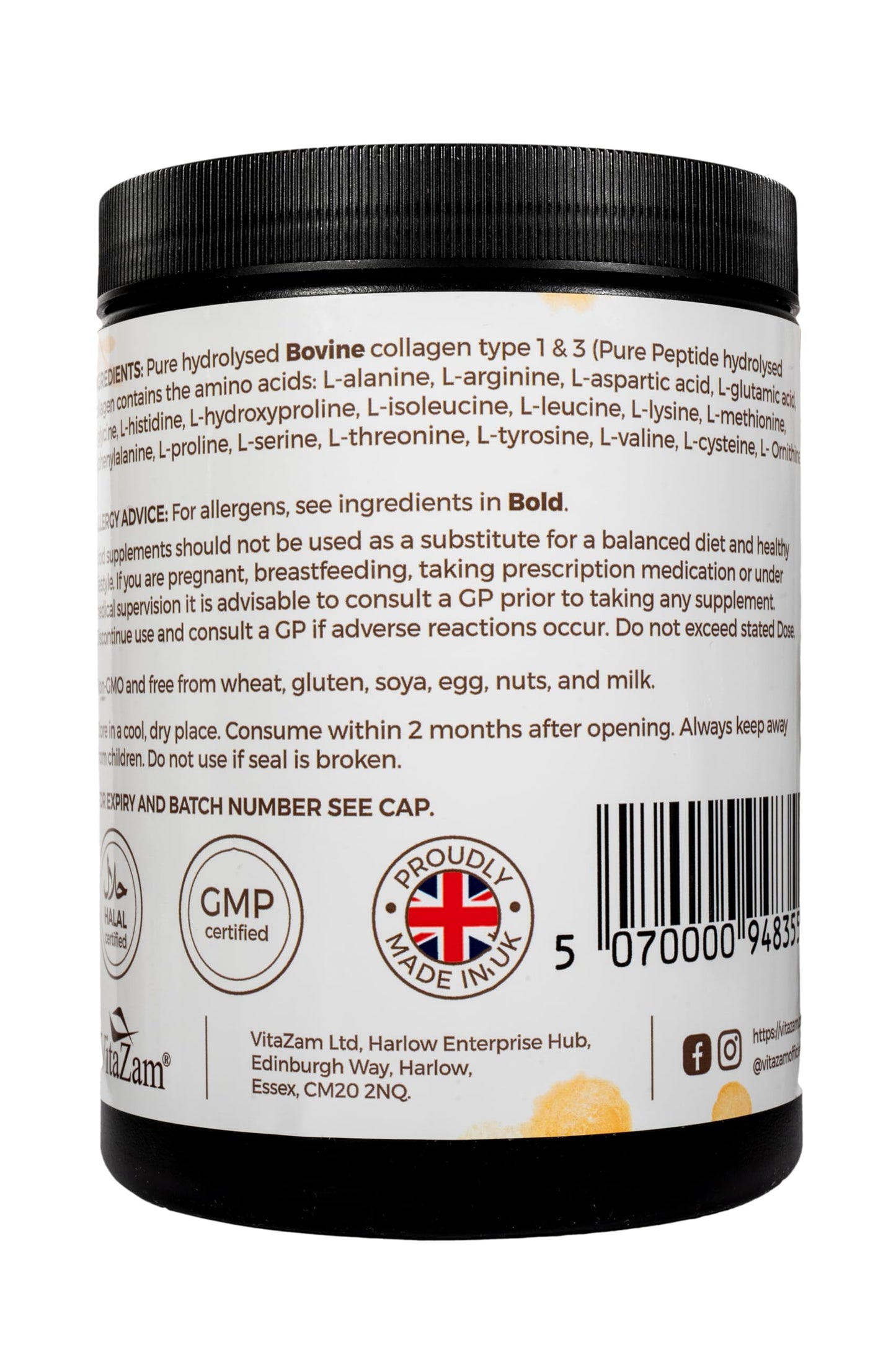 VitaZam Grass Fed Collagen Peptides Powder –Hydrolysed Type 1&3 unflavoured Collagen Protein Supplement for Healthy Skin, Nails, & Joints-Easy Mixing, Vital Bovine Collagen for Women & Men 30 Servings