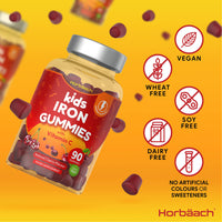 Kids Iron Gummies with Vitamin C | 90 Count | Natural Cherry Flavour | Chewable Vegan Supplement | by Horbaach