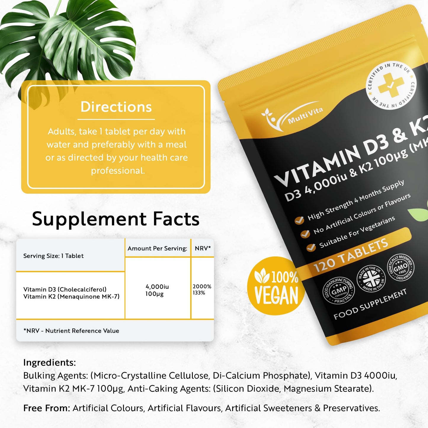 Multivita Vitamin D3 4000iu & Vitamin K2 100mcg (MK7) | 120 High Strength Vegetarian Tablets 4-Month Supply | Vitamin D K2 Supplement 1-A-Day Easy to Swallow D3 K2 (not Capsules) | Non-GMO | Made in The UK
