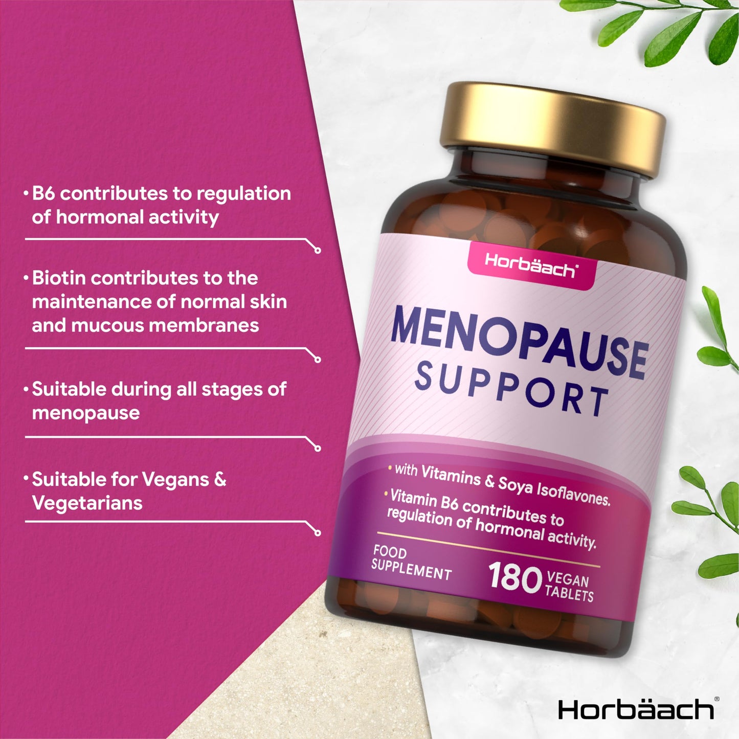 Menopause Supplement Tablets for Women | Perimenopause, Menopause & Postmenopause Support with SOYA Isoflavones & Vitamin B6 | 180 Vegan Tablets | by Horbaach
