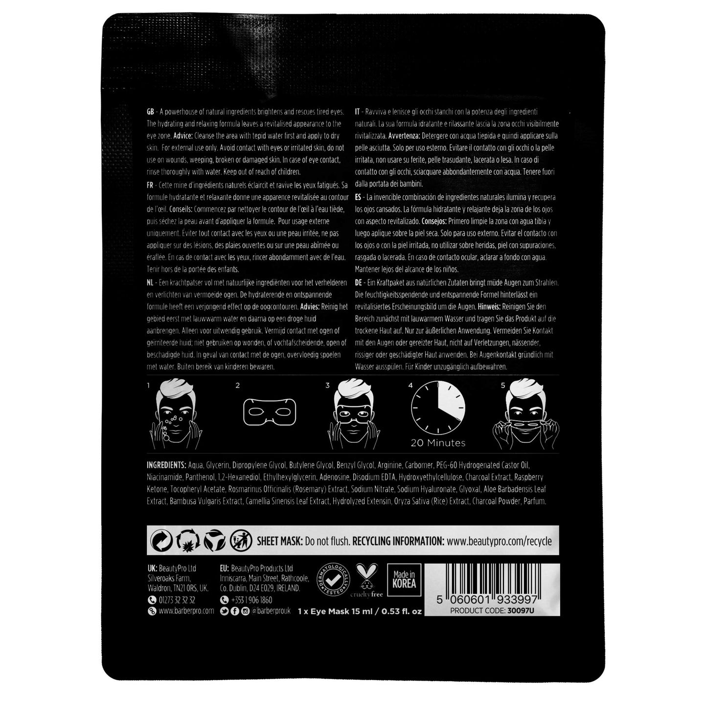 BARBER PRO SUPER EYE MASK Mens Face Mask Detox Hydrate Moisturising Bamboo Sheet Natural Skincare For Puffy Eyes & Dark Circles Vegan Multi Award Winning Brand