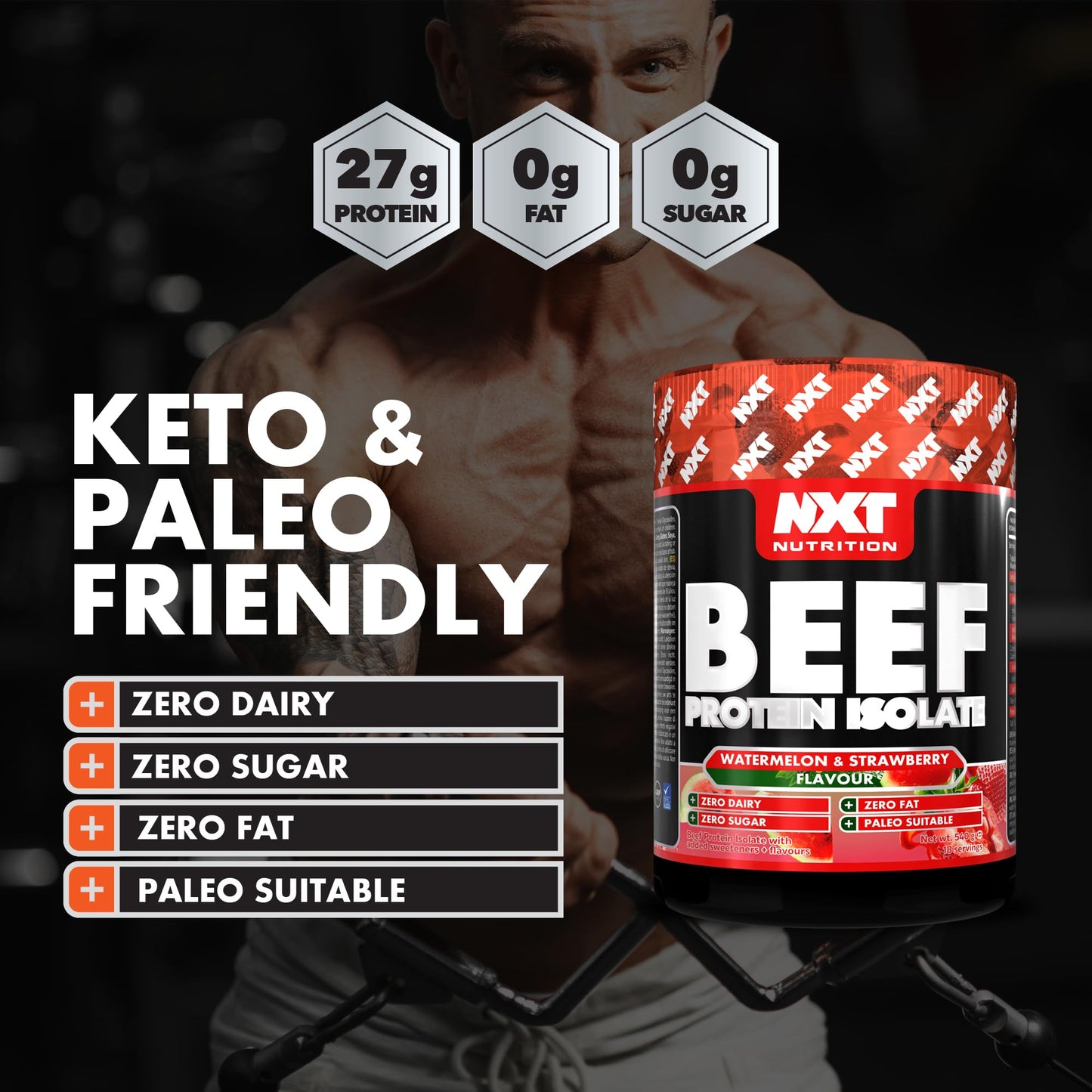 NXT Nutrition NXT Beef Protein Isolate 540g - High Protein Powder in Natural Amino Acids - Paleo, Keto Friendly - Dairy and Gluten Free | 540g | Strawberry & Watermelon