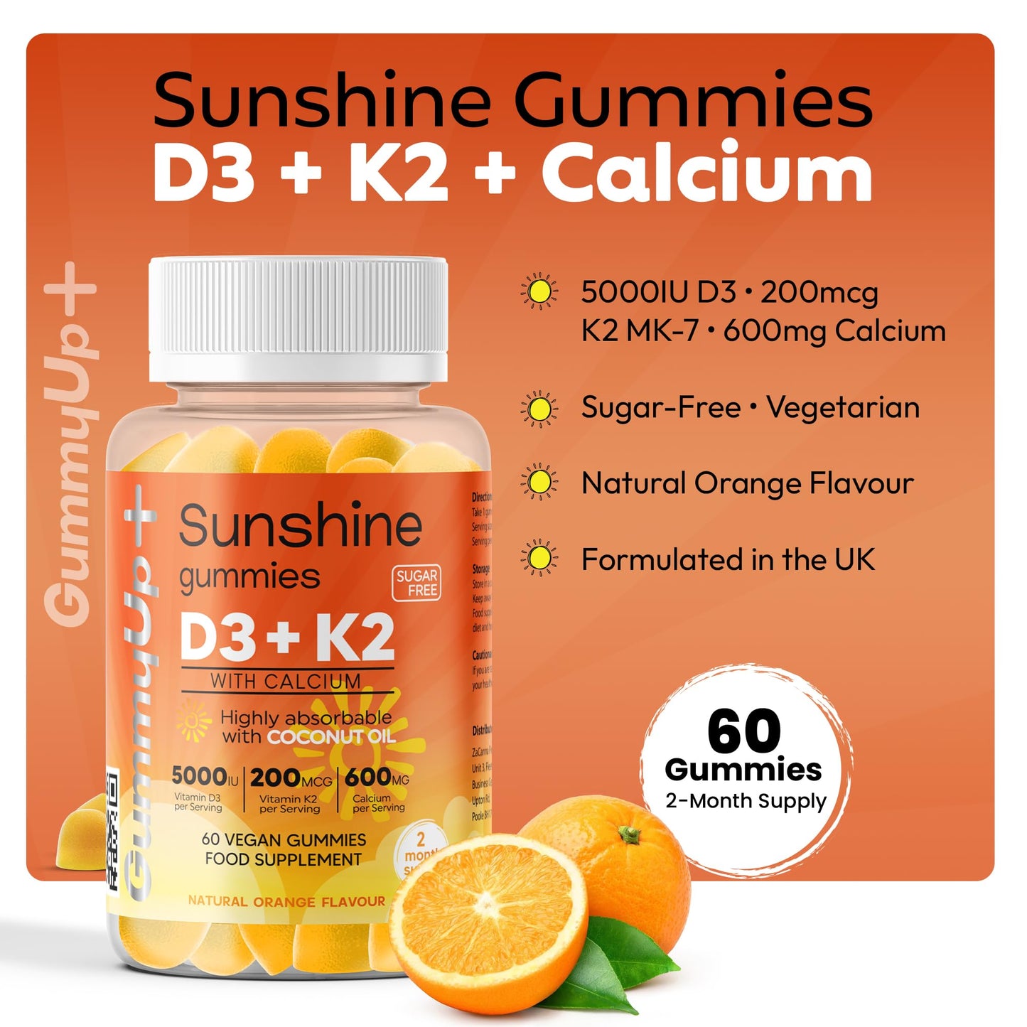GummyUP+ Sunshine D3 + K2 MK-7 Immunity Gummies | Sugar-Free | 2-Month Supply | with Calcium | 5000 IU Vitamin D3 | Vegetarian | GummyUp+
