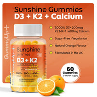 GummyUP+ Sunshine D3 + K2 MK-7 Immunity Gummies | Sugar-Free | 2-Month Supply | with Calcium | 5000 IU Vitamin D3 | Vegetarian | GummyUp+