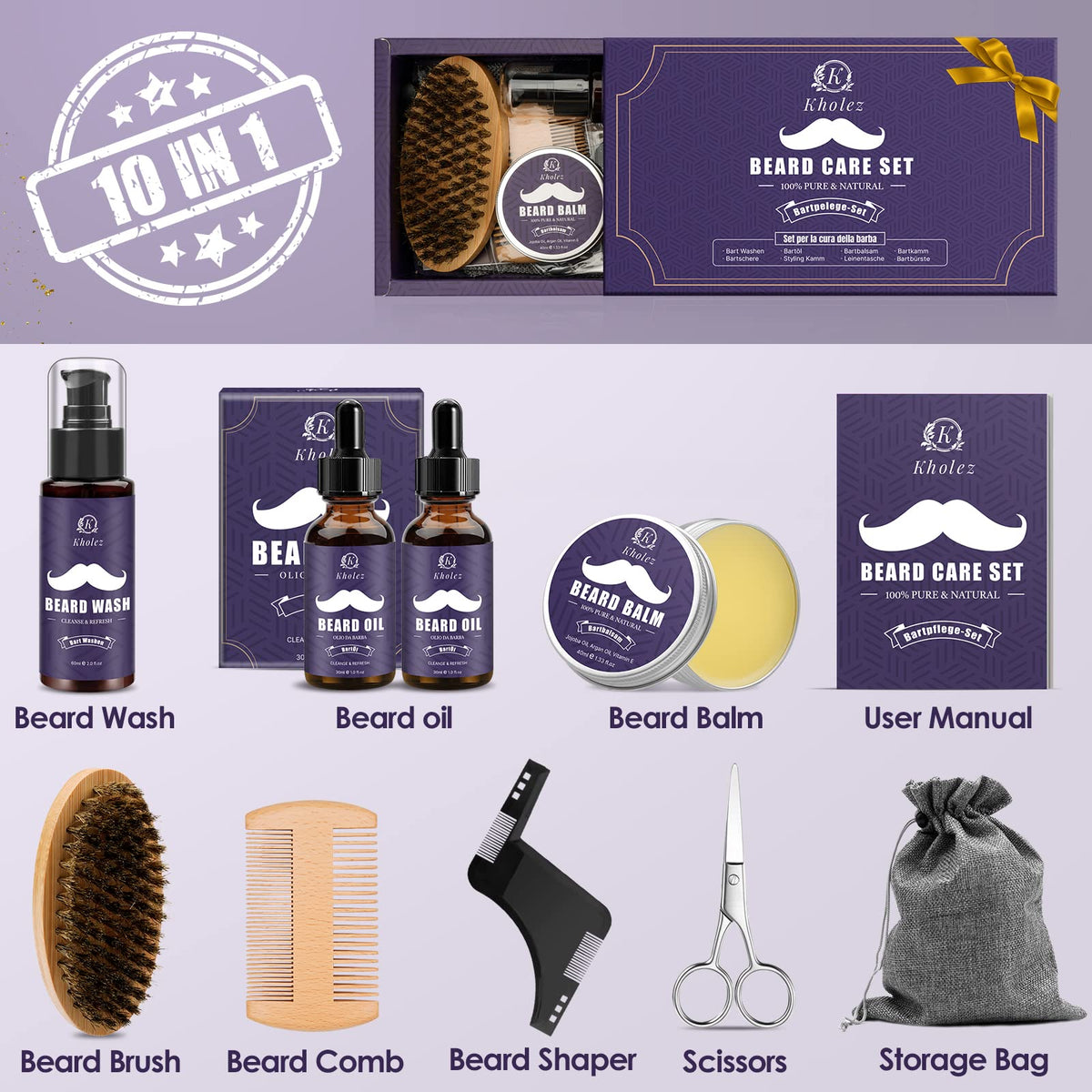 KHOLEZ Beard Grooming Kit, Beard Growth Kit w/2 Beard Oil/Beard Wash/Beard Balm/Beard Comb/Beard Brush/Scissors/Beard Shaper,Storage Bag,Beard Care & Trimming Kit Beard Kit Father's Day Gifts for Men Him