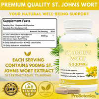ProBotanics St John’s Wort Capsules 900mg Per Serving (10:1 Extract Equivalent. to 9000mg) | 0.3% Hypericin | Traditional Herbal Support for Mood & Natural Stress Support Supplement - 60 Capsules