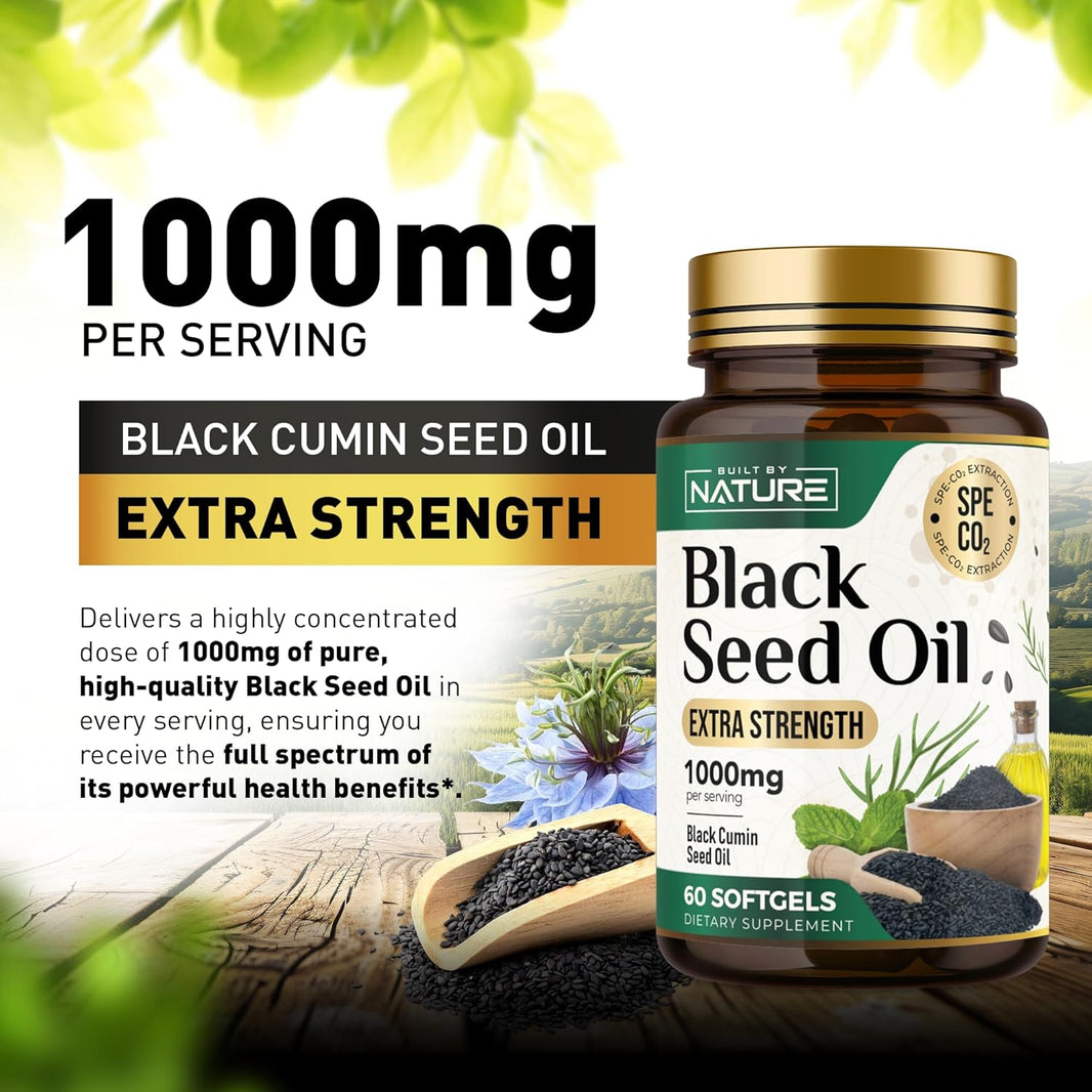 Built by Nature Black Seed Oil 1000mg - 100% Pure CO2 Extracted Nigella Sativa–Non-GMO – 60 Softgels