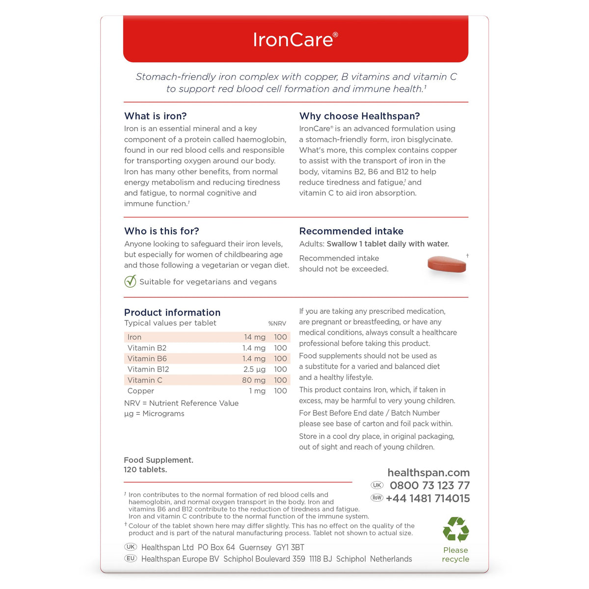 Healthspan IronCare (120 Tablets) | for Healthy Blood, Energy & Immunity | 14mg Iron | Stomach Friendly Complex | Added B Vitamins | Easy-Swallow | Vegan