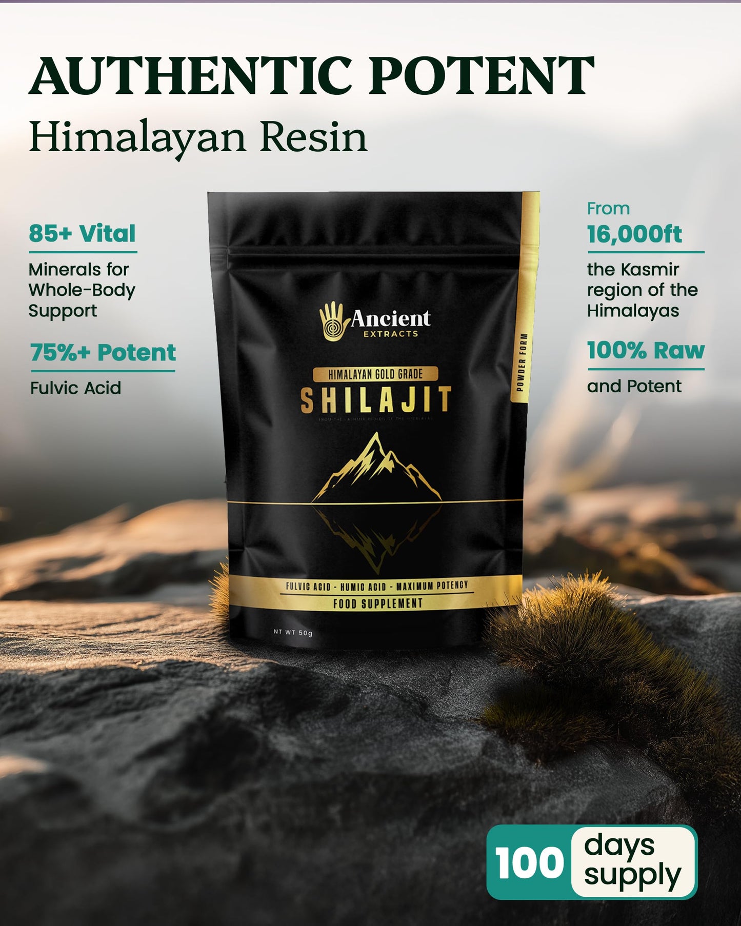 Ancient Extracts Shilajit Powder | Gold Grade – 75% Fulvic Acid | Energy, Focus, Recovery & Hormone Support | 85+ Trace Minerals | Tested for Purity & Safety | Sourced in the Kashmir Himalayas (50g)