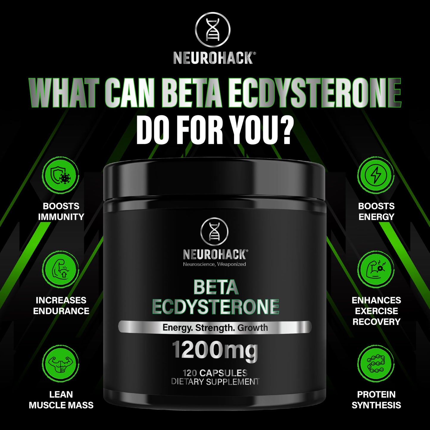 NEUROHACK Beta Ecdysterone 1200mg - 120 Capsules 2 Months Supply | 98% Maximum Purity Ecdysterone for Lean Muscle Growth, Strength & Performance (Tested by Eurofins USA)
