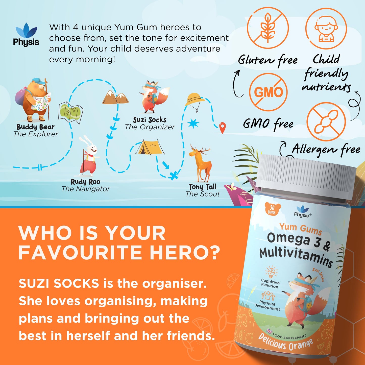 Physis Kids Multivitamin Omega Gummies | Ages 2+ | 30 Orange Flavour Chewable with Vitamins C, D, Omega 3 & More | Kids Vitamins Chewies for Cognition, Energy & Growth | Children's Multivitamins