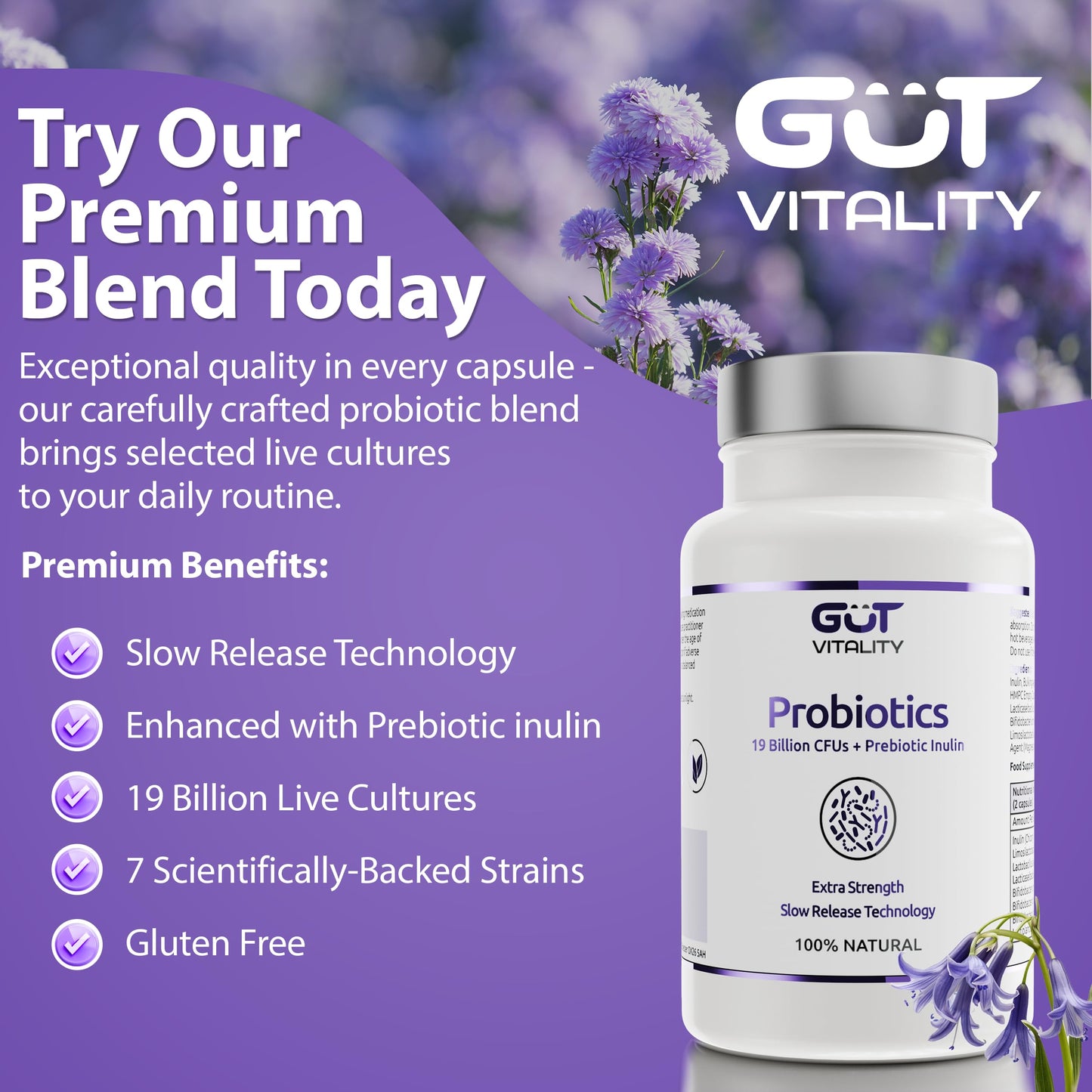 Gut Vitality Probiotic for Gut Health | 19 Billion CFU | 7 Strains for Bloating Relief & Digestive Support | 60 Delayed-Release Vegan Capsules | with Prebiotic Inulin