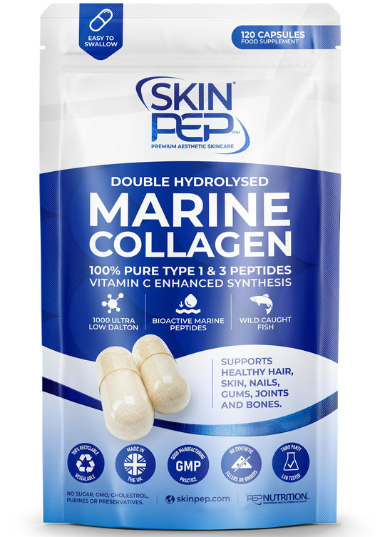 Pure Marine Collagen Supplements for Women & Men - SkinPep (120 Capsules) | 1270mg | 2 Month Supply | 1000 Dalton Bioactive Triple Filtered | Type 1 & 3 Hydrolysed Fish Collagen Peptides + Vitamin C