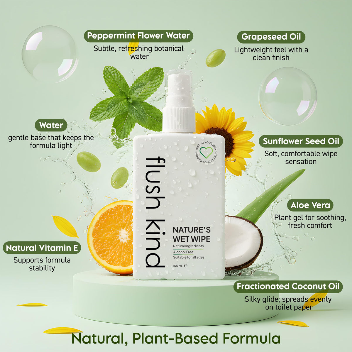 FLUSH KIND KIND TO YOUR SKIN, KIND TO YOUR PLANET Flush Kind® Toilet Wipe Gel Lotion, Eco-Friendly, Flushable Toilet Wipe Alternative, Moist Wipe, Cleansing, Vegan, Cruelty Free 100ml