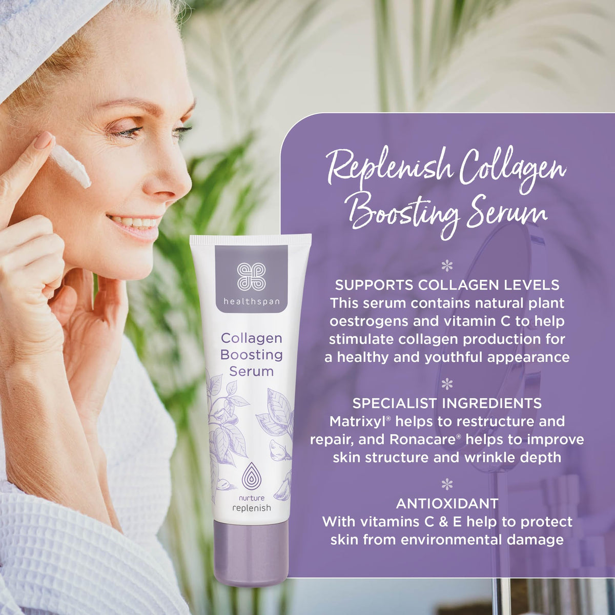 healthspan Healthspan Replenish Collagen Boosting Serum (30ml) | Vitamins C & E | Plant Oestrogens | Reduces Fine Lines & Wrinkles | Menopause Support