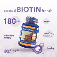 Zipvit Biotin Hair Growth Supplement 10000mcg, 180 Vegan Tablets (6 Months Supply). High Strength Biotin for Hair and Skin. Supports Hair Growth & Skin Health. Vegan Hair Vitamins for Women & Men