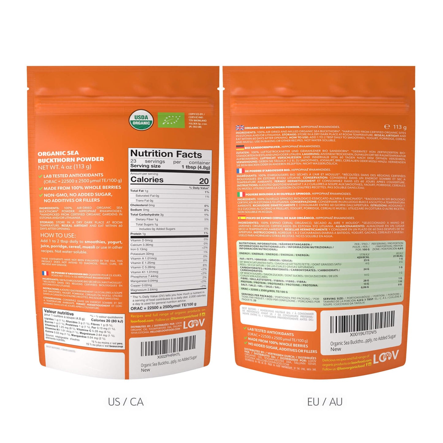 LOOV Organic Sea Buckthorn Powder, High in Fibre, Made from 100% Whole Berries, 113 g, Grown in Nordic Climate, Rich in Omega Blend, Vitamin C, Vitamin E, 23-Day Supply, No Added Sugar, Non-GMO