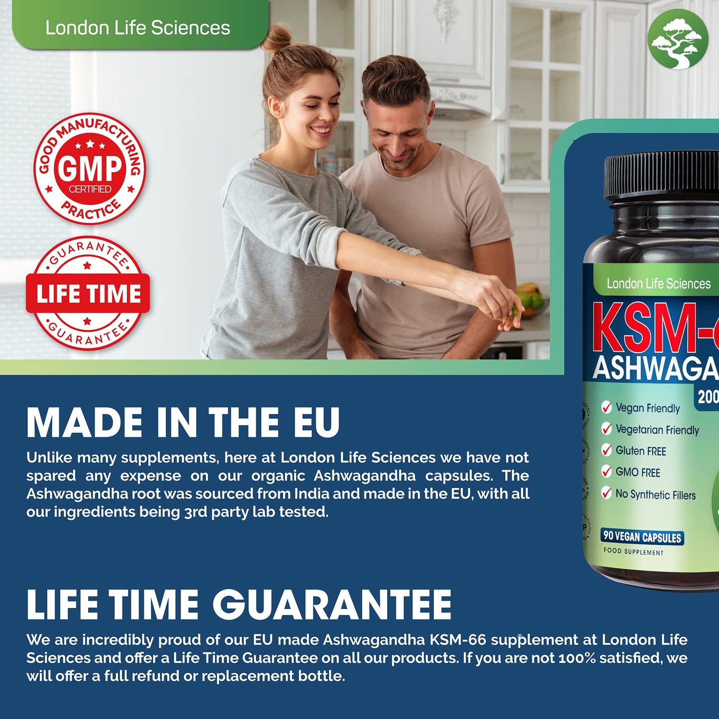 LONDON LIFE SCIENCES London Life Sciences® Organic Vegan Ashwagandha KSM-66® 90 Capsules - (Highest Concentration) 2000mg Servings & 5% Withanolides - Best Bioavailability Enhanced KSM 66 + Withania Somnifera (Made in UK)