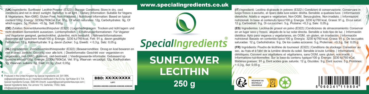 SPECIAL INGREDIENTS Sunflower Lecithin Powder 250g Premium Quality, Vegan, Non-GMO, Gluten Free – Recyclable Container