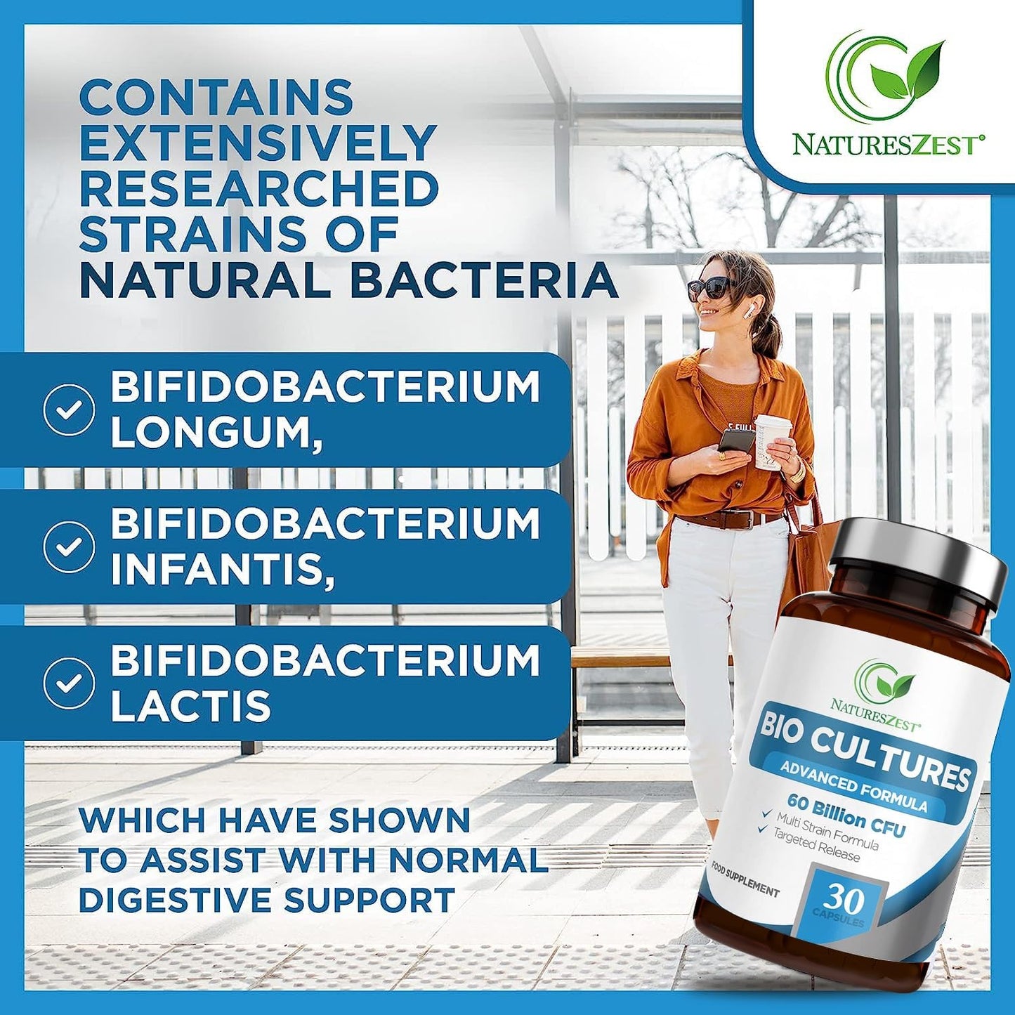 60 Billion CFU Bio Cultures Probiotics with Prebiotics 30 Capsules Multi Strain Advanced Formula for Men and Women by Natures Zest