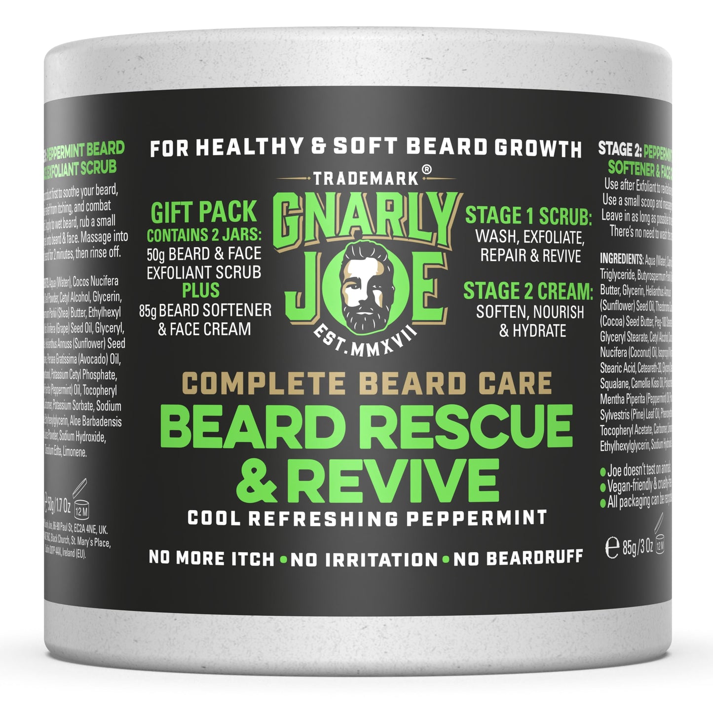 TRADEMARK GNARLY JOE EST.MMXVII Gnarly Joe Beard Rescue & Revive Gift Pack - Beard Softener 85ml & Exfoliant 50g Set for Men - Beard Cream & Face Scrub with Cocoa Butter, Peppermint & Coconut - Beard Conditioner - Made in UK