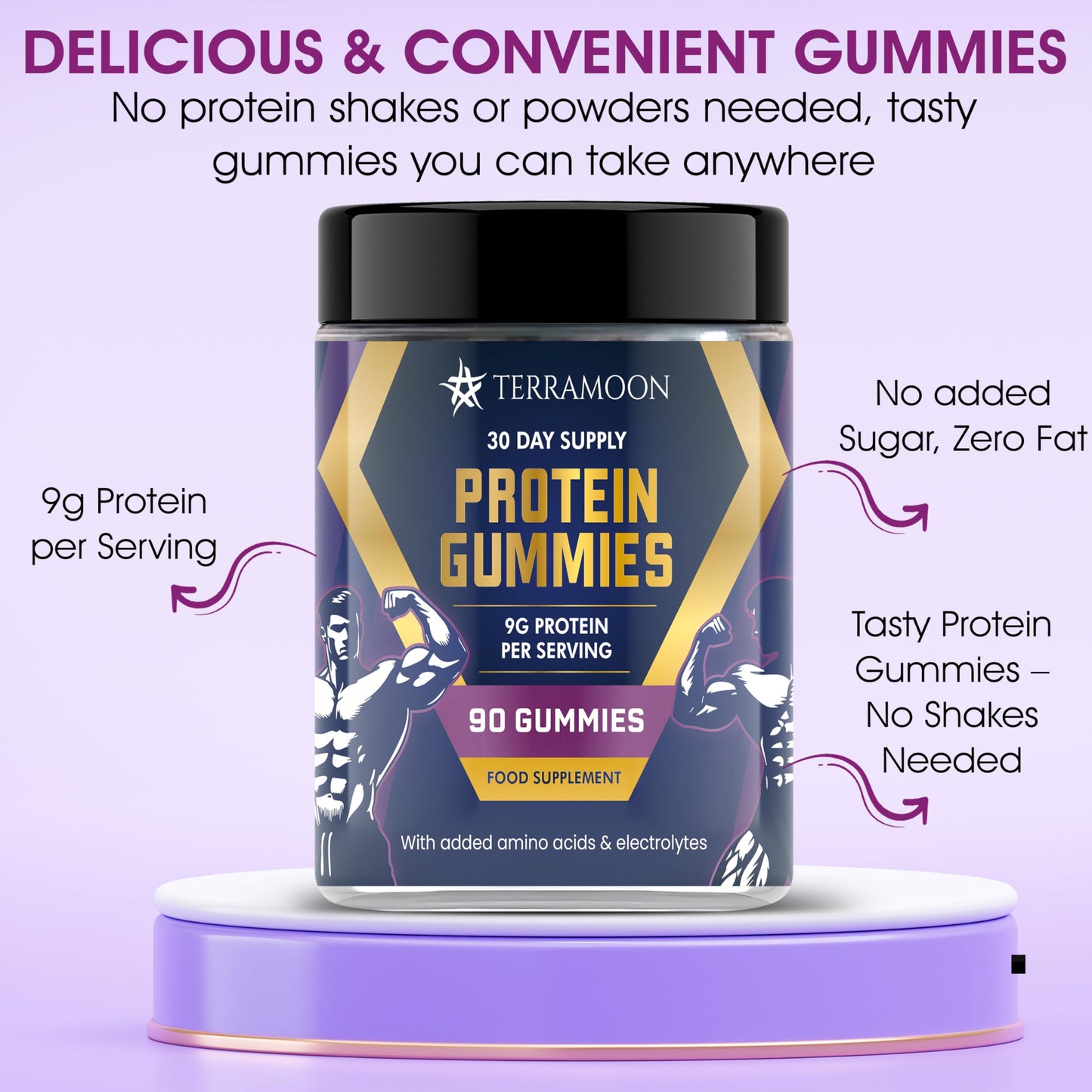 TERRAMOON Protein Gummies, 9g Protein Per Serving, 90 Gummies, 30-Day Supply with BCAA and Electrolytes