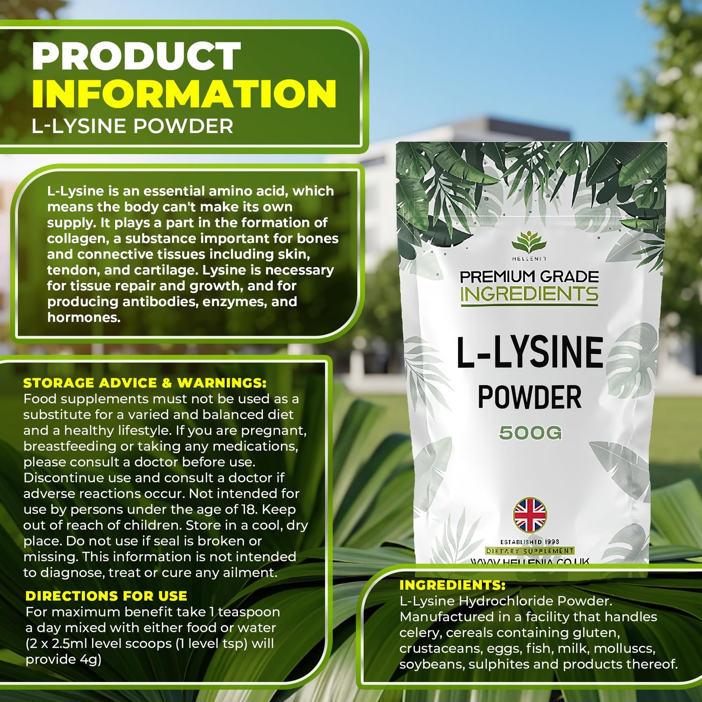 L-Lysine Powder - 500g - Premium Grade Ingredients | Essential Amino Acid for Fitness | Premium Amino Acid Lysine - GMP Certified Product - Made for Hellenia