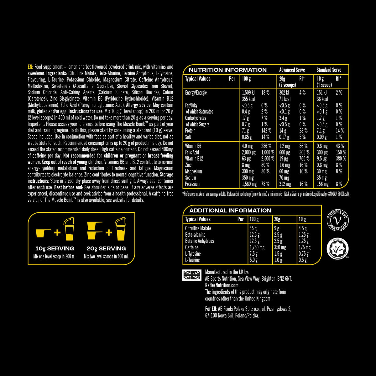 Reflex Nutrition Pre Workout The Muscle Bomb 350mg Caffeine 9g Citrulline Malate 2.5g Beta Alanine Added Hydration Electrolytes (Sherbet Lemon, 400g)