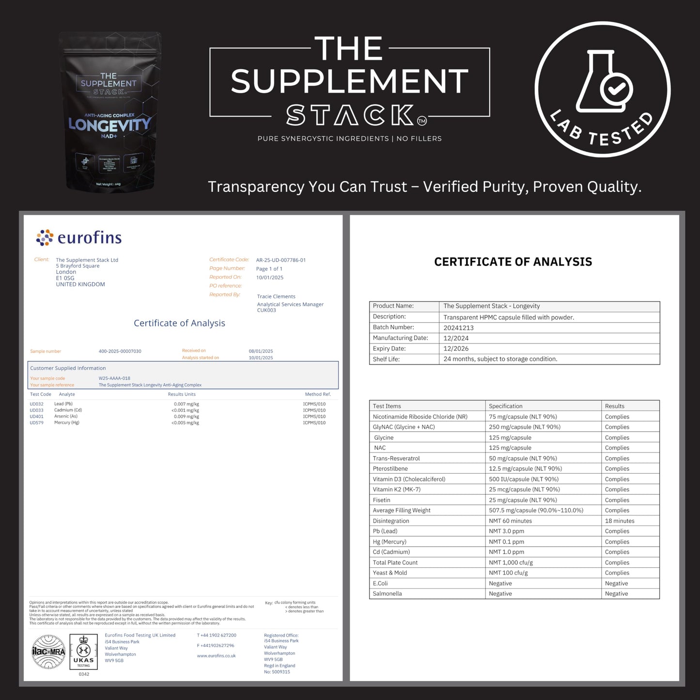 The Supplement Stack Longevity - Anti-Aging NAD+ Supplement with Nicotinamide Riboside, Glycine, NAC, Trans-Resveratrol, Pterostilbene, Fisetin & Vitamin D3/K2 for Cellular Health, Energy, and Vitality – Premium Formula