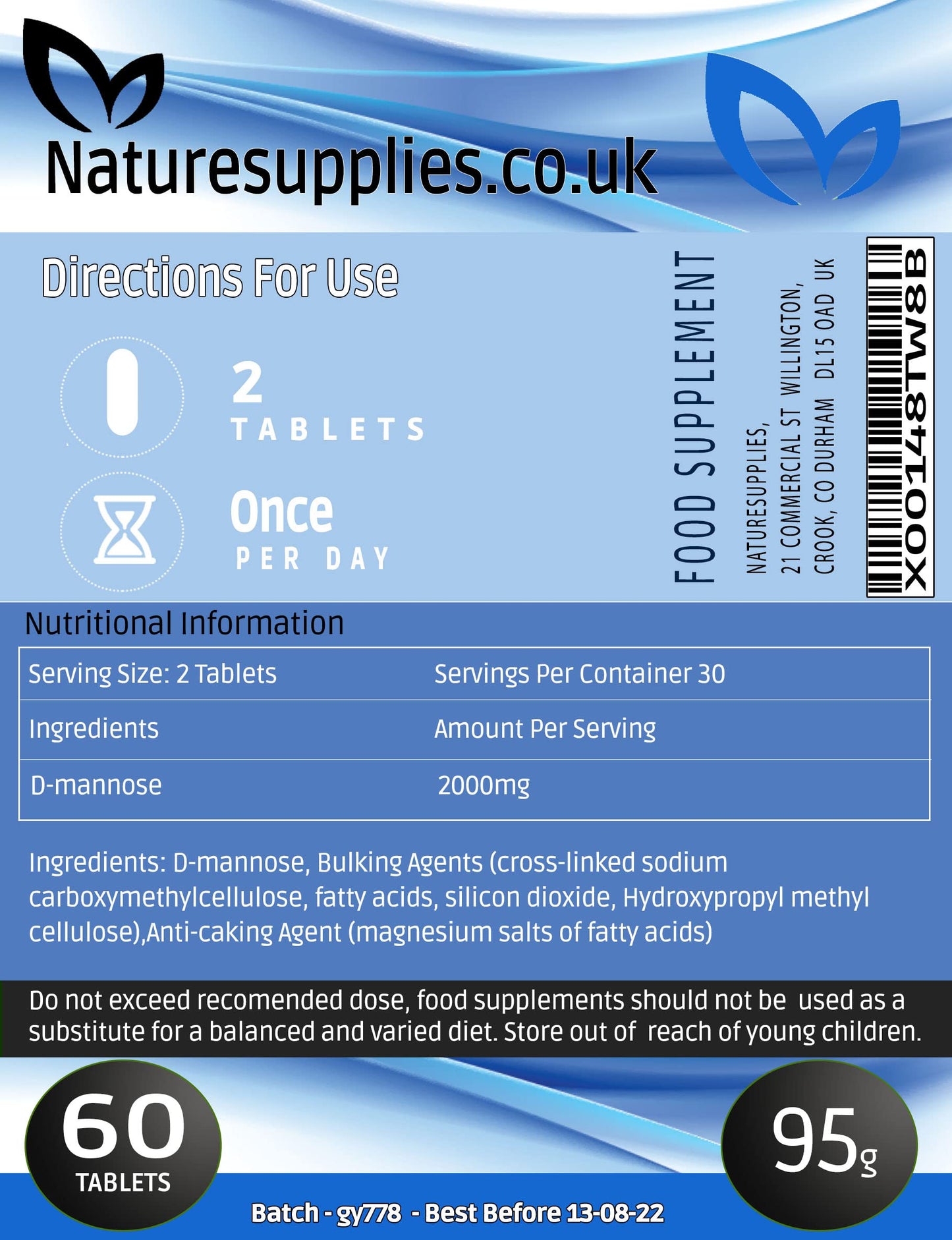 Naturesupplies D-mannose Tablets 1000mg, 60 Pack, Natural Ingredients, Coated Tablet, Easy to Swallow - Vegan Friendly, Manufactured in A GMP Facility…