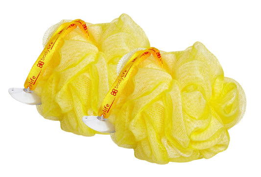 Bodylife Body Buffer, Puff, Exfoliating Bath & Shower Body Pouf, Scrunchie, Body Scrubber Yellow & White 55g Twin Pack