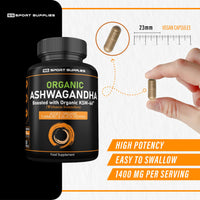 SS Sport Supplies Organic Ashwagandha Capsules 1200mg - Boosted with 1000mg of Organic KSM-66 with 5% Withanolides (from 100mg Extract Ratio 10:1) - Added Turmeric 100mg and Black Pepper - UK Manufactured