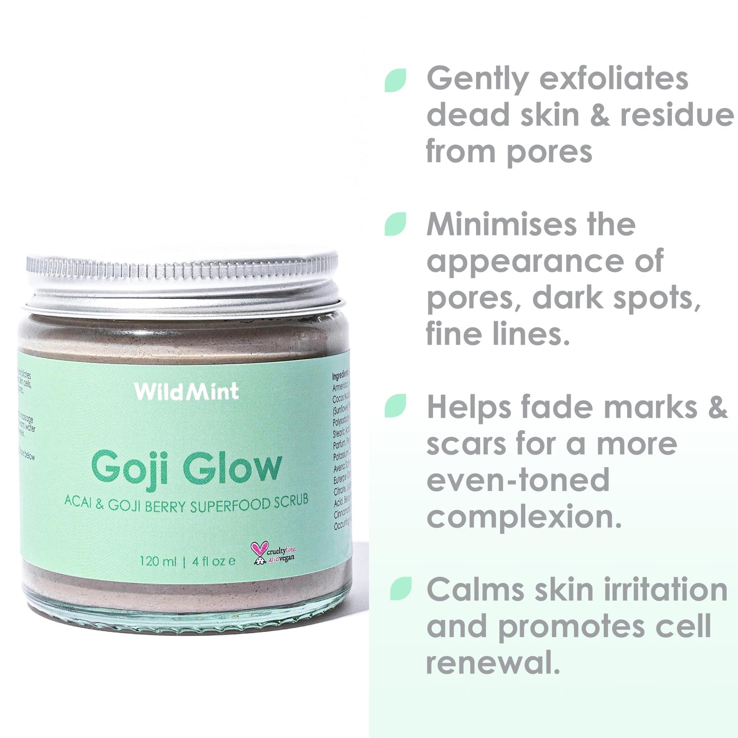 WildMint Goji Glow Natural Scrub | Exfoliating & Renewing Body & Face Scrub for Dry Skin | Gently Removes Dead Skin | Helps Acne & Hyperpigmentation | UK Made Vegan & Cruelty-Free Skincare | 120ml