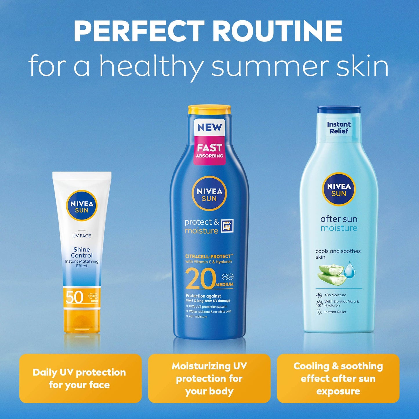 NIVEA SUN Protect & Moisture Sun Lotion SPF 20 (200 ml), Suncream with Vitamin C and Hyaluron, Provides 48 Hour Moisture and Immediate UVA/UVB Protection, Fast-Absorbing, No White Cast Formula