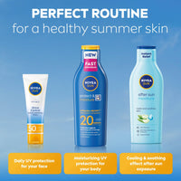 NIVEA SUN Protect & Moisture Sun Lotion SPF 20 (200 ml), Suncream with Vitamin C and Hyaluron, Provides 48 Hour Moisture and Immediate UVA/UVB Protection, Fast-Absorbing, No White Cast Formula
