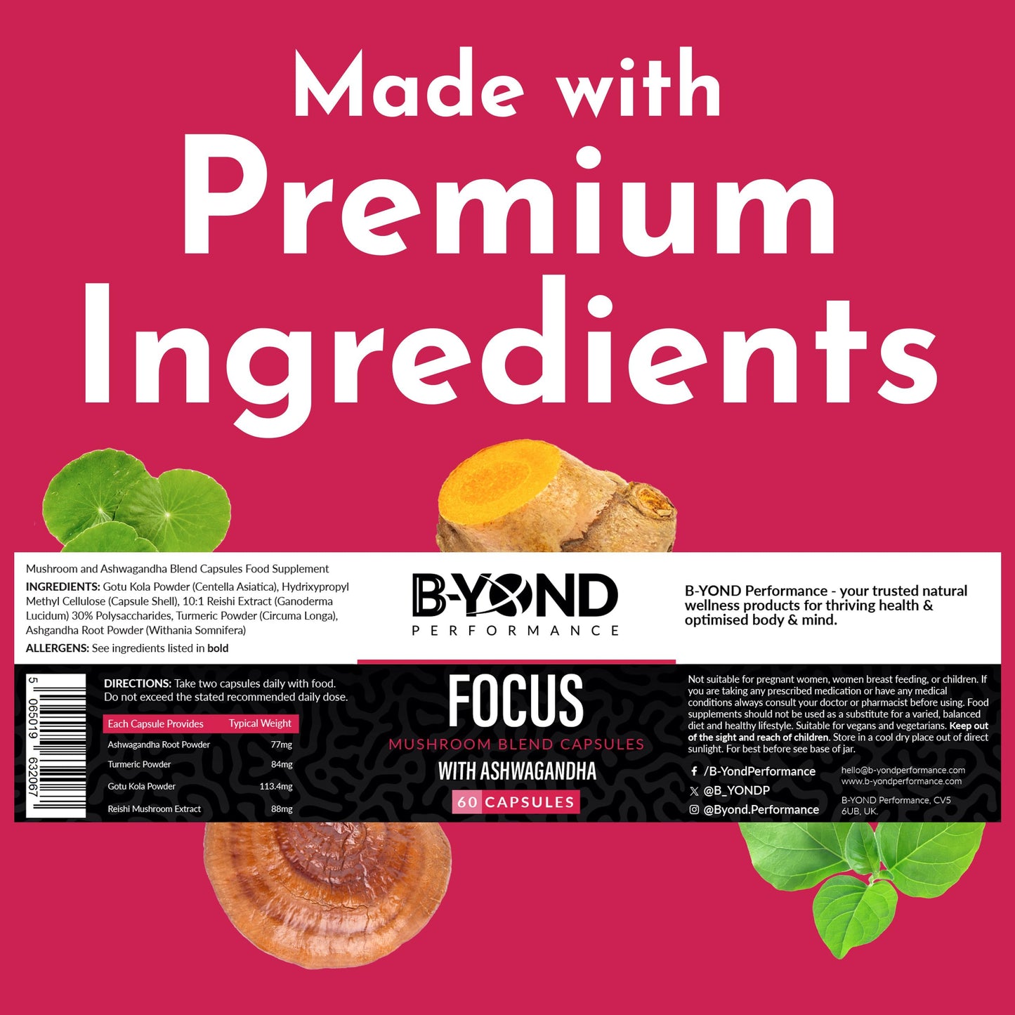 B-YOND Performance Mushroom Complex Supplement for Focus - Premium Brain Supplement with Ashwagandha, Turmeric, Reishi, & Gotu Kola for Focus & Memory Support - for Women & Men by B-Yond Performance, 60 Capsules