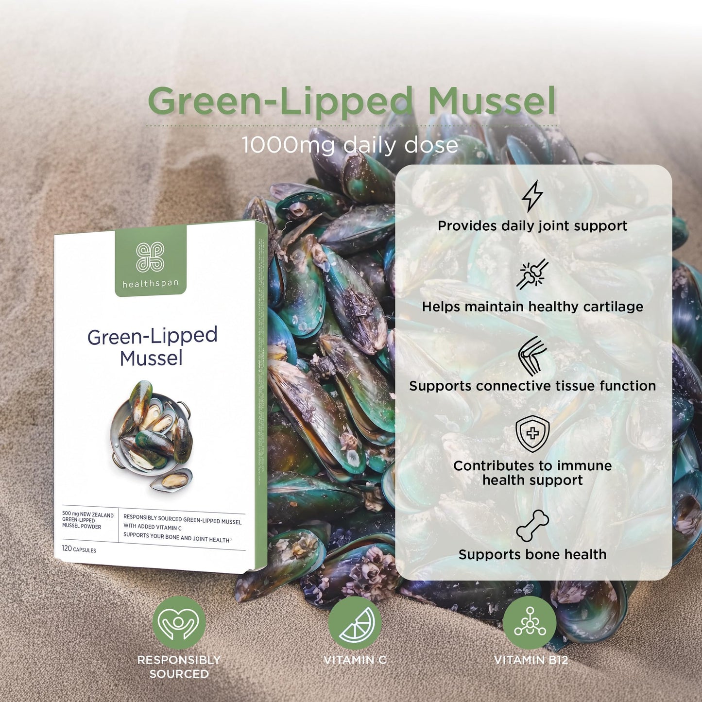 Healthspan Green-Lipped Mussel 500mg (120 Capsules) | for Bone & Cartilage Support | Added Vitamin C | Responsibly Sourced