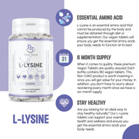 Generic L-LYSINE 1000MG - 180 Vegan Tablets - 6 Month Supply - High Strength Essential Amino Acid
