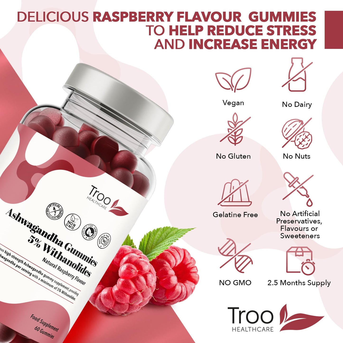 Troo Health Care Ashwagandha Gummies 1200mg - 60 Delicious Natural Raspberry Flavour Gummy Chewables - Ashwagandha Root Extract Supplement with 5% Withanolides - Vegan & Gluten-Free