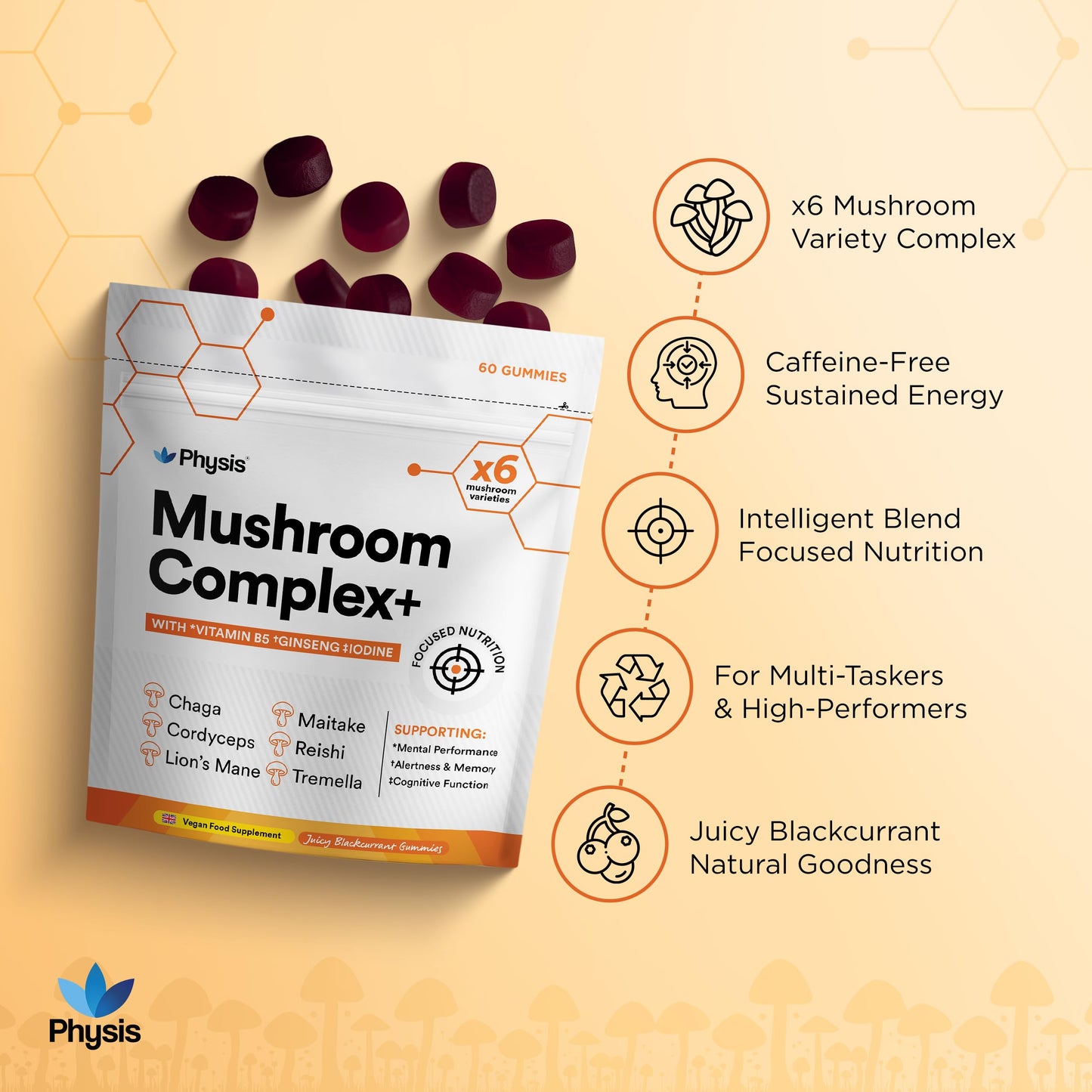 Physis Mushroom Gummies +Vitamin Complex | Attention On Mushroom Blend | Alertness Cognition Memory | Lions Mane Cordyceps Reishi Maitake Tremella Ginseng Iodine Vit B5 | 60 x Vegan Juicy Blackcurrant