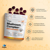 Physis Mushroom Gummies +Vitamin Complex | Attention On Mushroom Blend | Alertness Cognition Memory | Lions Mane Cordyceps Reishi Maitake Tremella Ginseng Iodine Vit B5 | 60 x Vegan Juicy Blackcurrant
