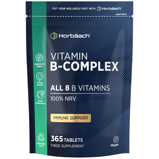 Horbäach Vitamin B Complex High Strength | 365 Tablets (1 Year Supply) | All 9 B Vitamins | Vitamin B1, B2, B3, B5, B6, B12, Choline, Folic Acid & Biotin | Vegan | by Horbaach