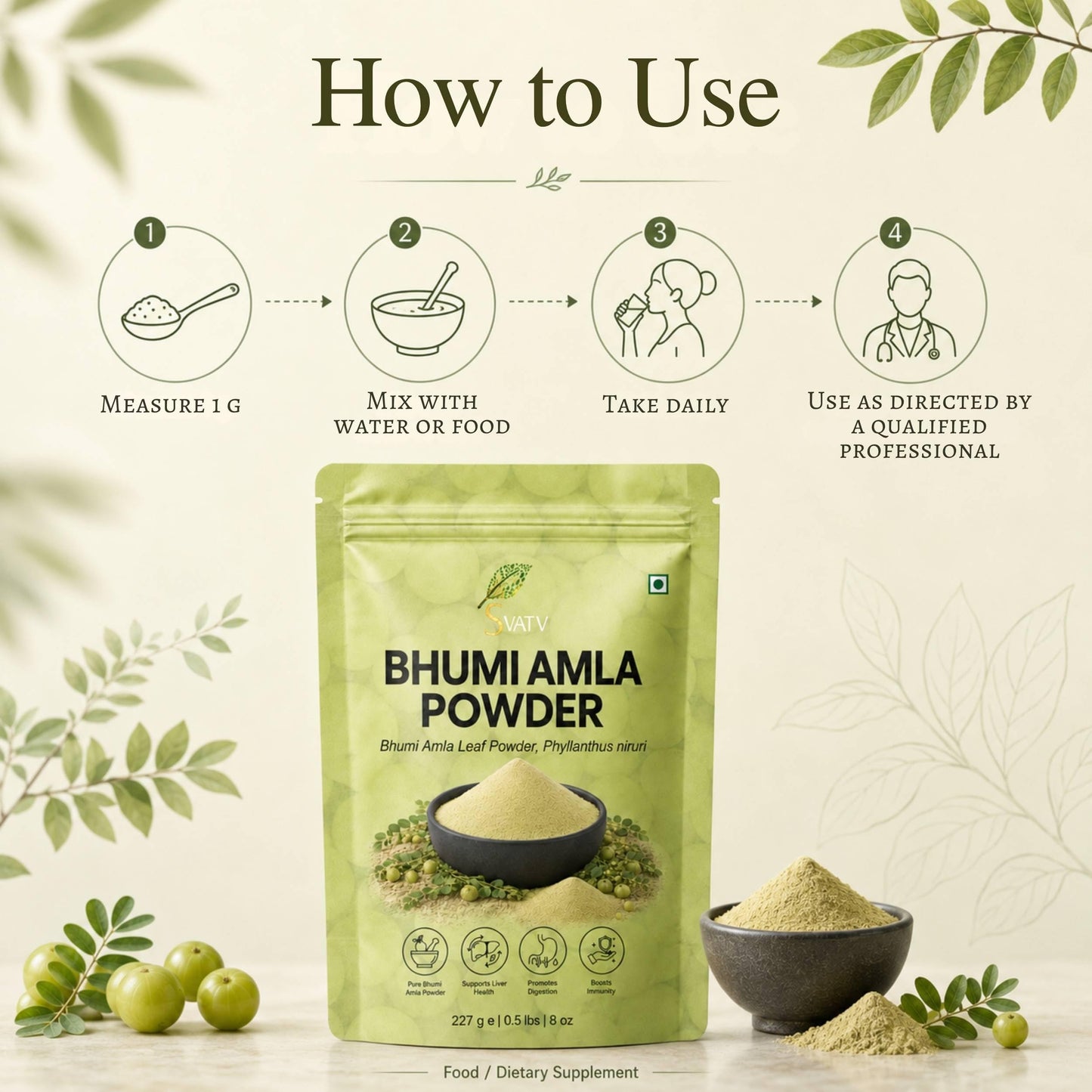SVATV Herbal Bhumi Amla Powder (Phyllanthus Niruri) Chanca Piedra Herb | Antioxidant - 227g, 8oz, 0.5 Lbs