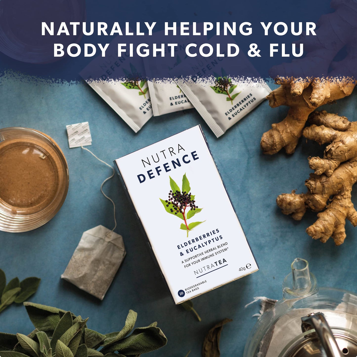 Nutra Tea NUTRADEFENCE - Cold & Flu Tea - Cough Teabags - Immune Tea - Providing Immune Support - With Eucalyptus, Elderberry And Mullein - 60 Individual Wrapped Bags - Herbal Infusion (3 Pack)