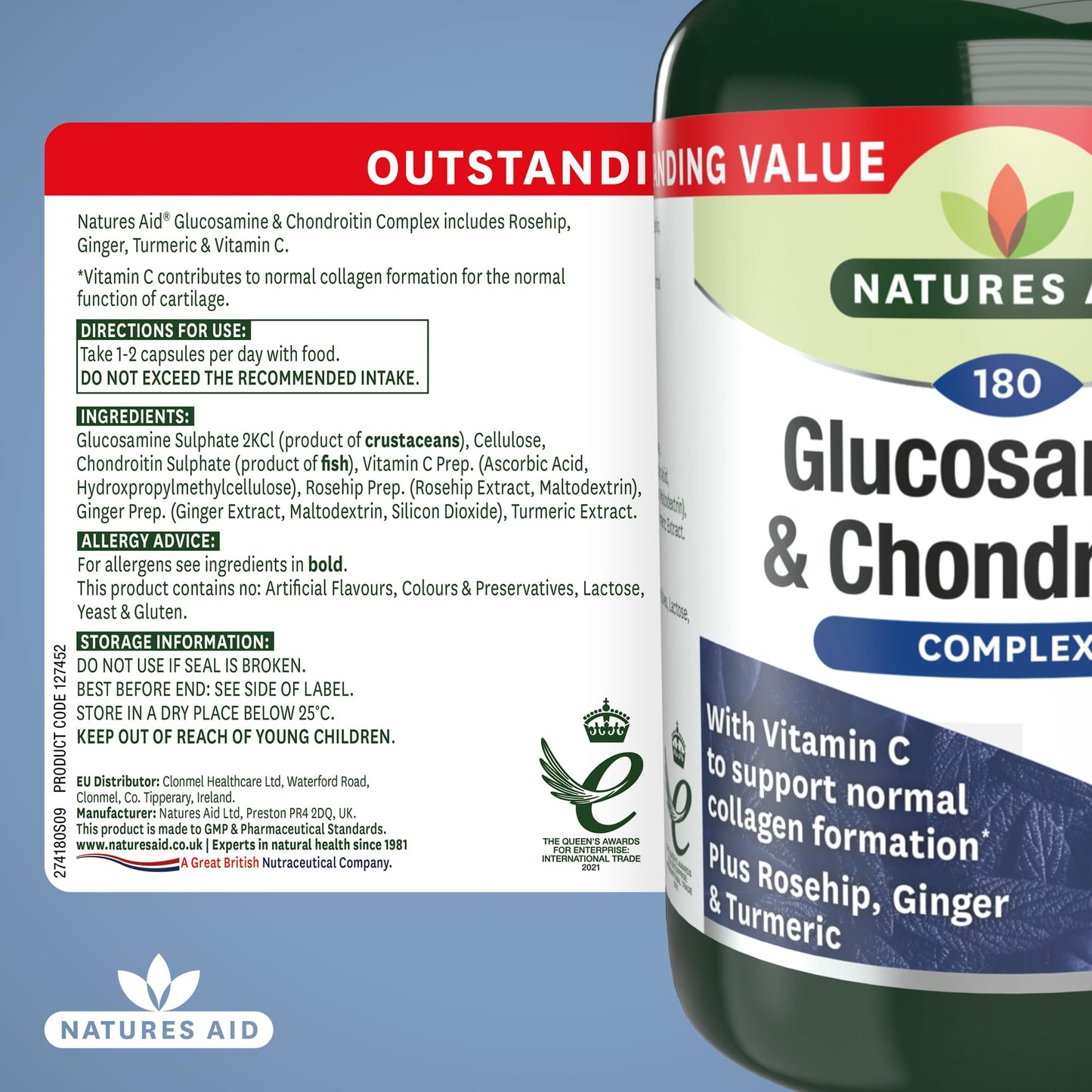 Natures Aid Glucosamine and Chondroitin Complex, with Vitamin C, Rosehip, Ginger and Turmeric, 180 Capsules
