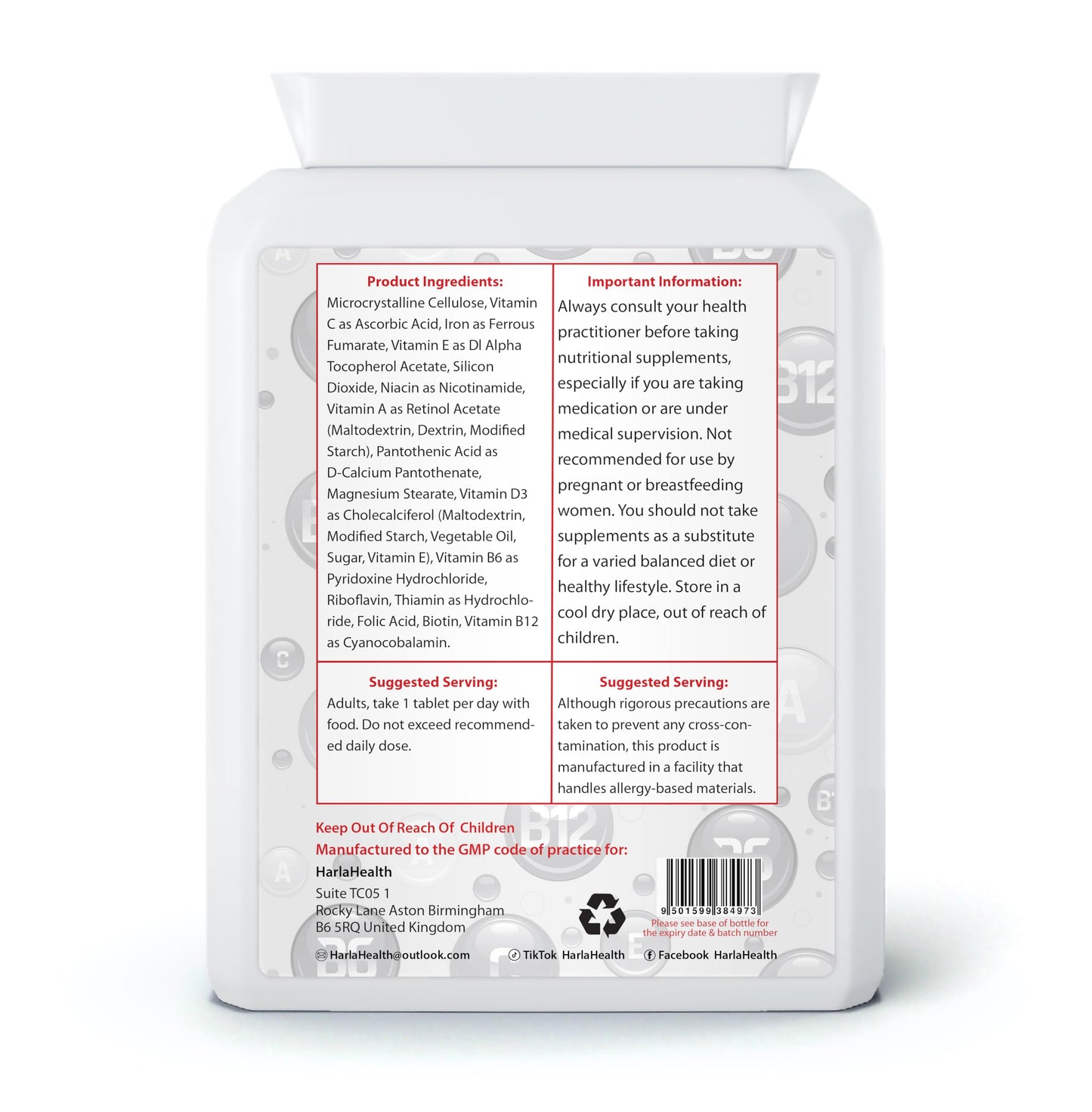 Multi-Vitamins Plus Iron - 180 Tablets - 6 Month Supply - Suitable for Vegetarians - Harla Health - Make in The UK - GMP Codes of Practice