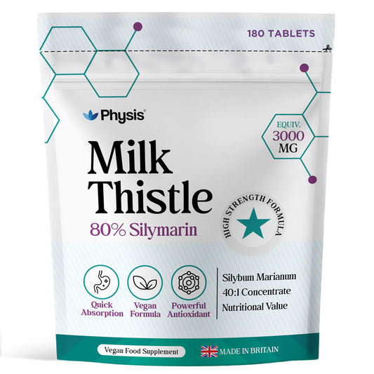 Physis Milk Thistle High Strength Food Supplement | 80% Silymarin | Milk Thistle Seeds | 180 x Tablets | Vegan Food Supplement | Made in Britain