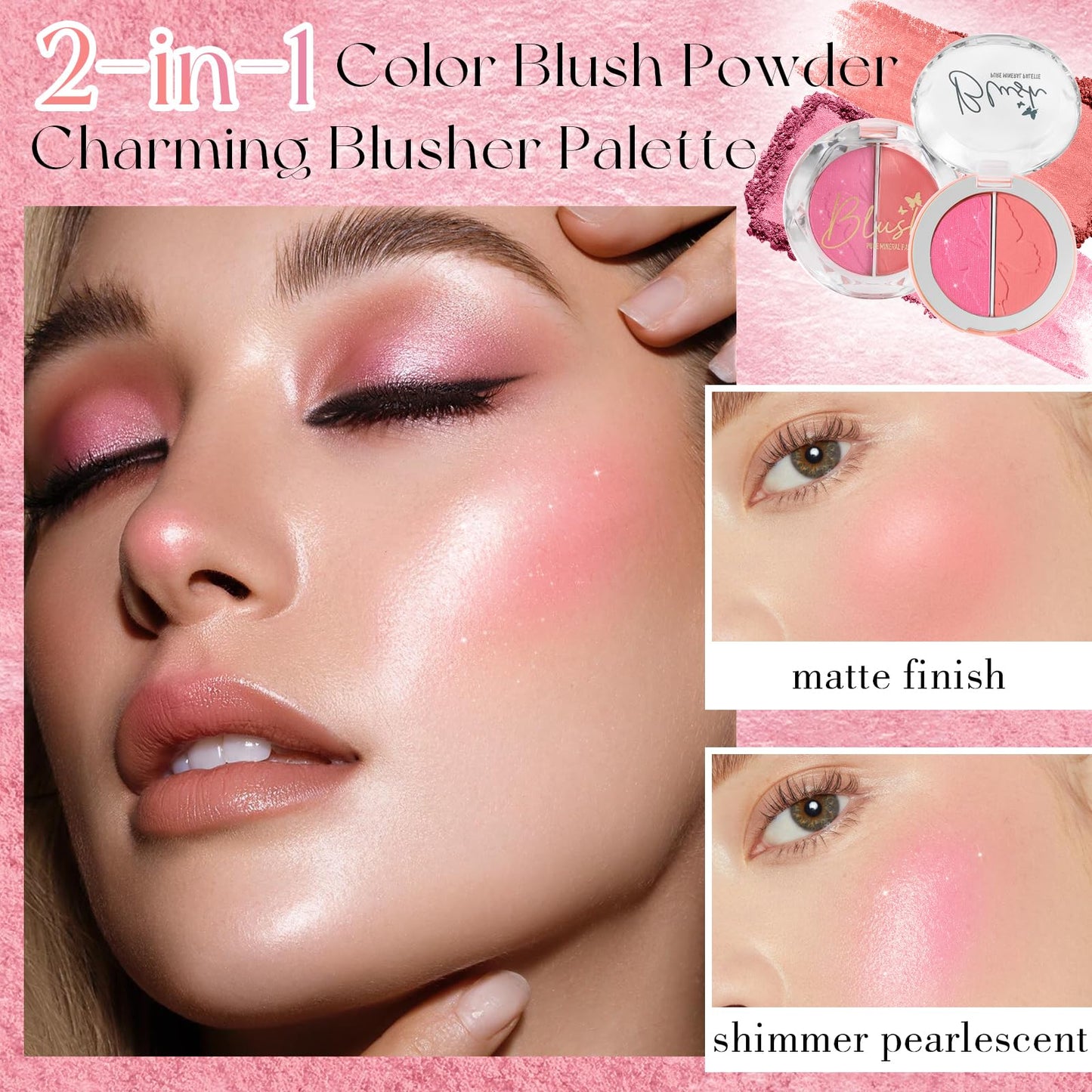 Prreal Powder Blush, 2-in-1 Color Blush with Matte and Shimmer, Radiant Blush Growing, Blendable Formula Powder Blusher Palette Eyeshadow, Fine Lightweight Face Blusher Makeup,#02