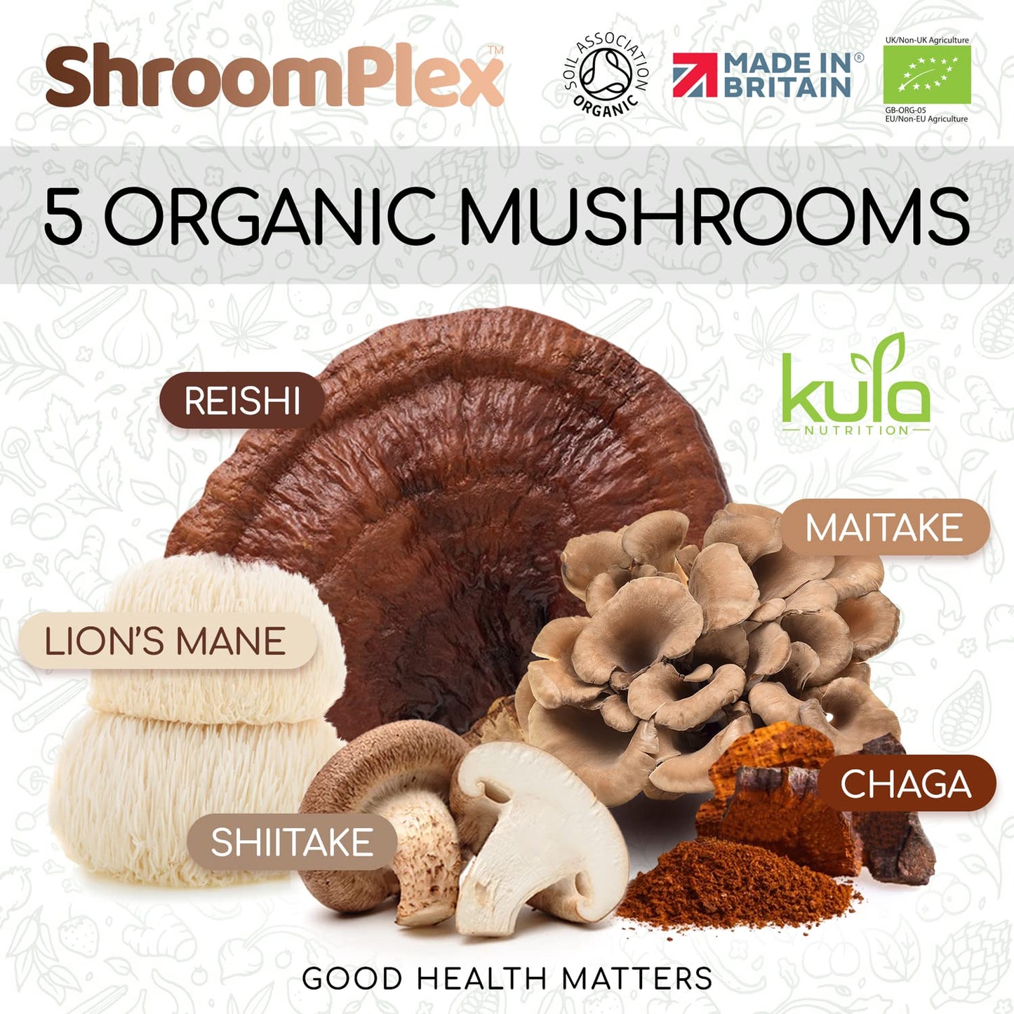 Kula Nutrition ShroomPlex Organic Mushroom Complex - Immune Boosting Mushroom Blend - 90 High Strength Vegan Capsules with Lions Mane, Shiitake, Chaga, Maitake and Reishi - Plus Organic Black Pepper & Vitamin C